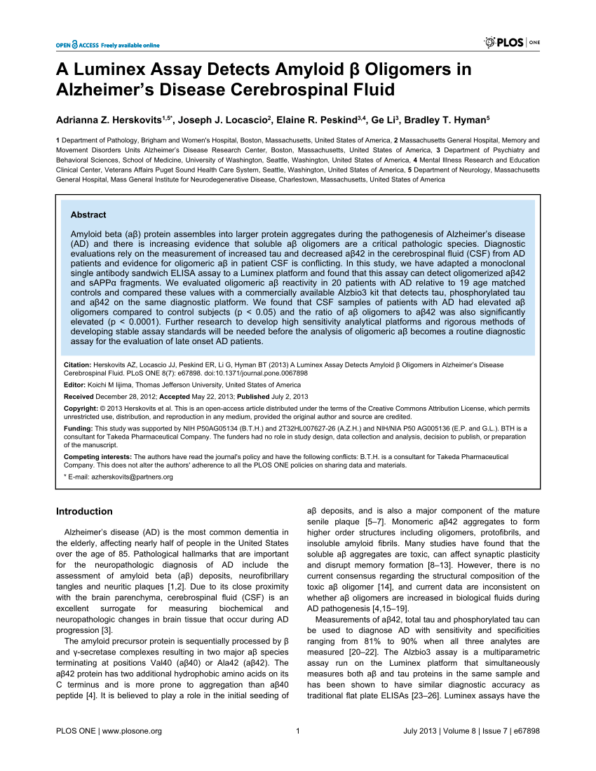 Pdf A Luminex Assay Detects Amyloid B Oligomers In Alzheimer S Disease Cerebrospinal Fluid