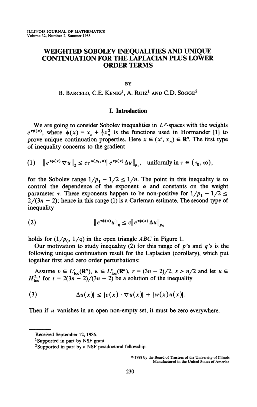Pdf Weighted Sobolev Inequalities And Unique Continuation For The Laplacian Plus Lower Order Terms