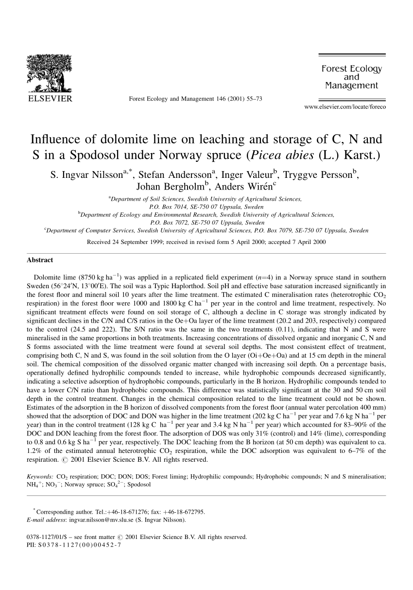 Pdf Influence Of Dolomite Lime On Leaching And Storage Of C N And S In A Spodosol Under Norway Spruce Picea Abies L Karst