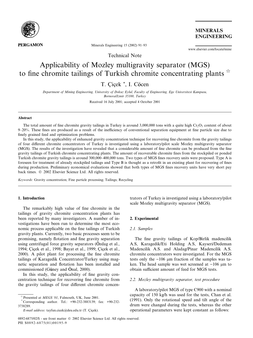 pdf applicability of mozley multigravity separator mgs to fine chromite tailings of turkish chromite concentrating plants