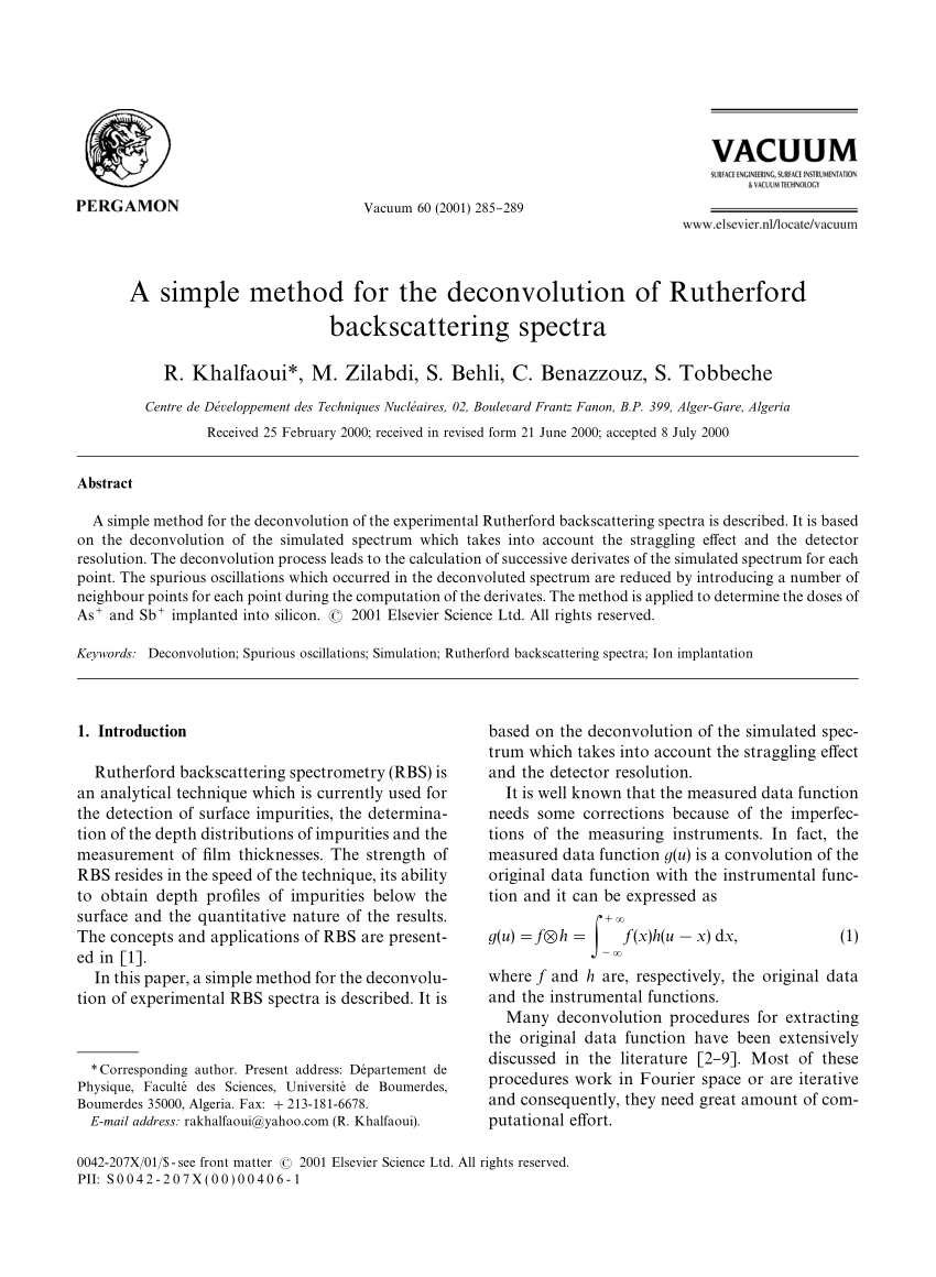 Pdf A Simple Method For The Deconvolution Of Rutherford Backscattering Spectra