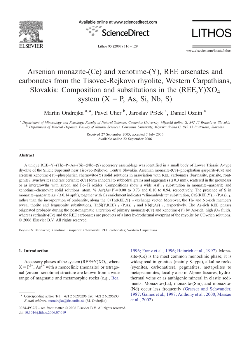 Pdf Arsenian Monazite Ce And Xenotime Y Ree Arsenates And Carbonates From The Tisovec Rejkovo Rhyolite Western Carpathians Slovakia Composition And Substitutions In The Ree Y Xo4 System X P As Si Nb S