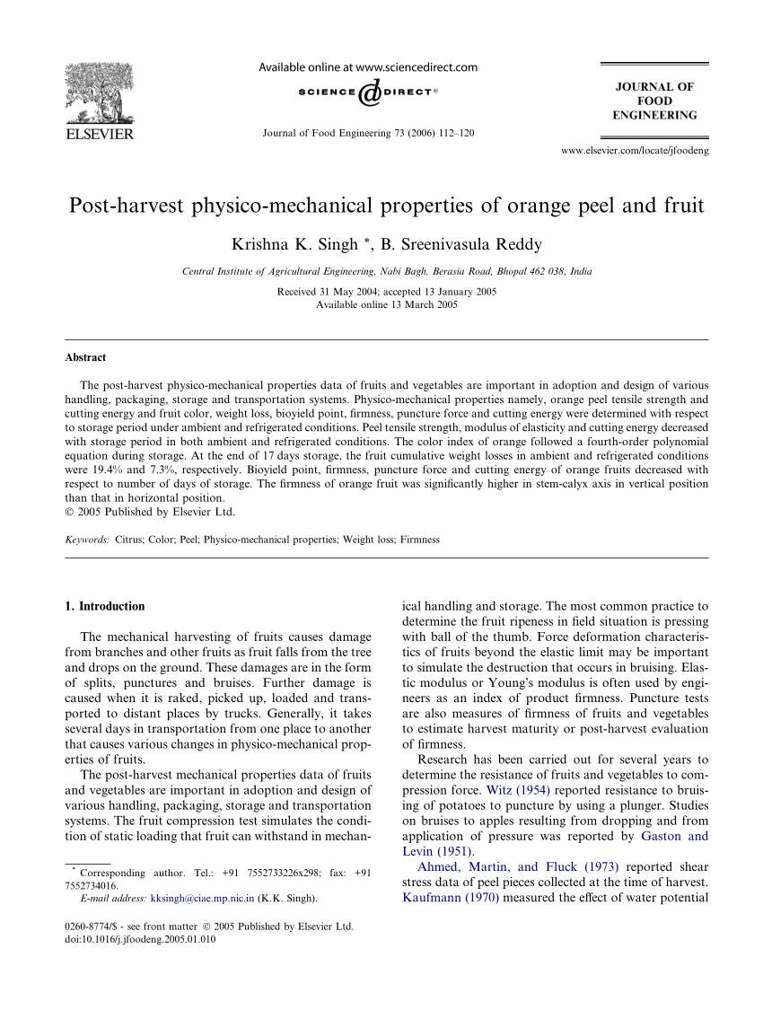 Pdf Postharvest Physico Mechanical Properties Of Orange Peel And Fruit