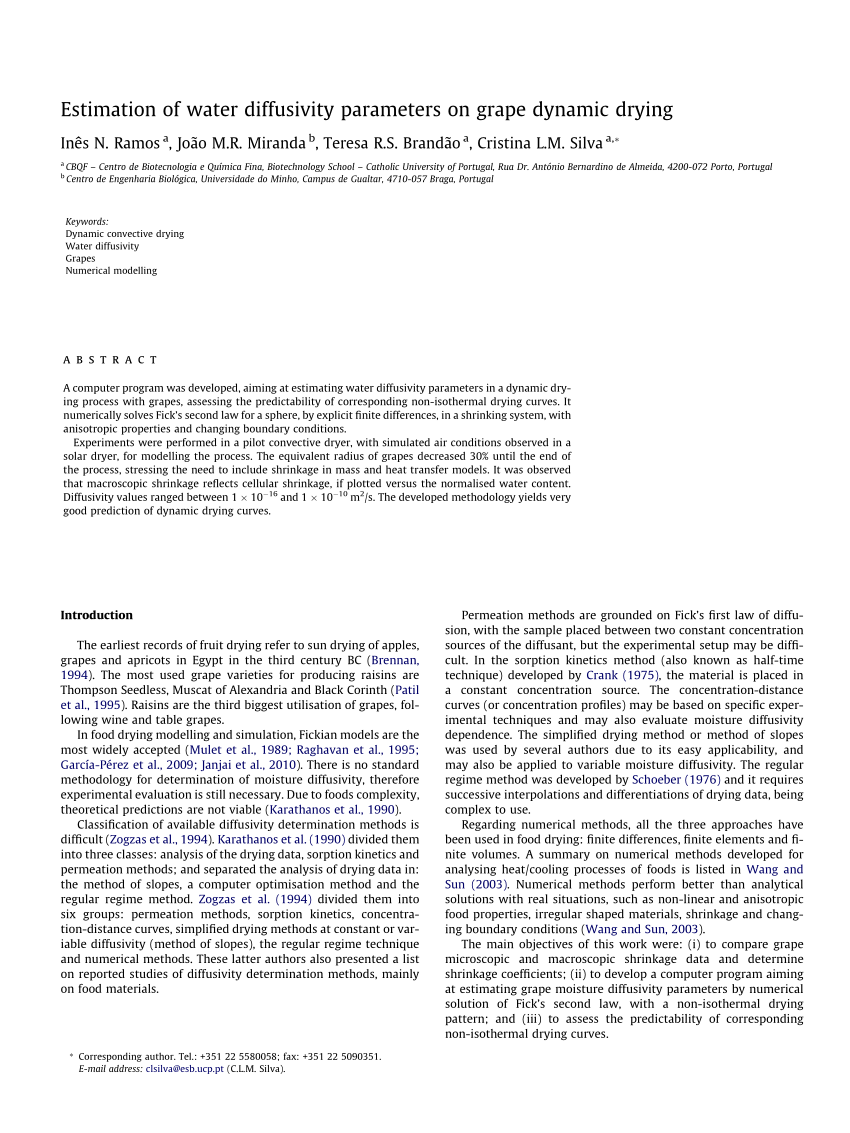 Pdf Estimation Of Water Diffusivity Parameters On Grape Dynamic Drying