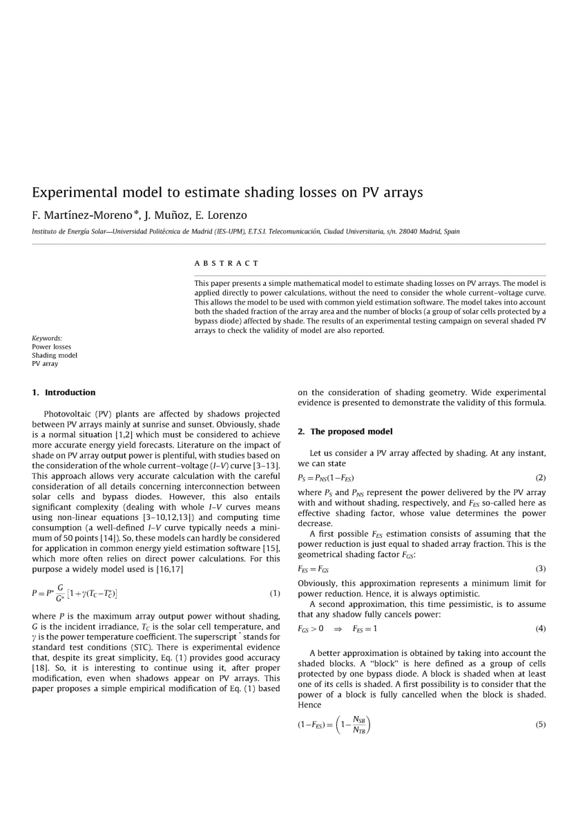 Pdf Experimental Model To Estimate Shading Losses On Pv Arrays