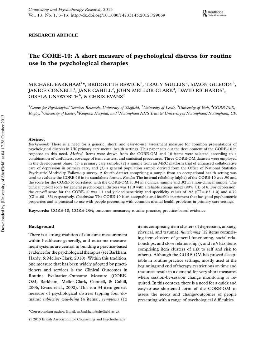 PDF) The CORE-10: A short measure of psychological distress for