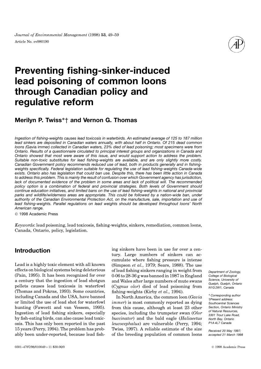 PDF) Preventing fishing-sinker-induced lead poisoning of common loons  through Canadian policy and regulative reform