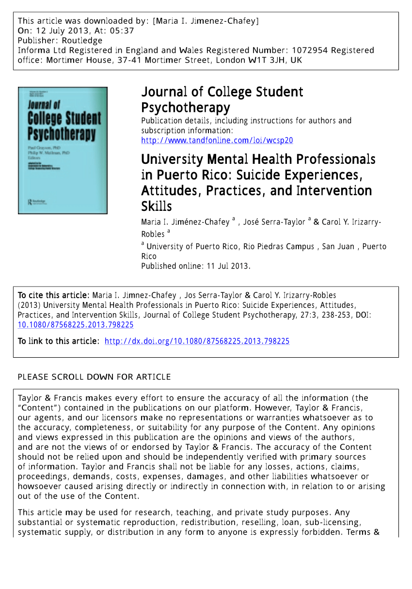 Pdf University Mental Health Professionals In Puerto Rico Suicide Experiences Attitudes Practices And Intervention Skills