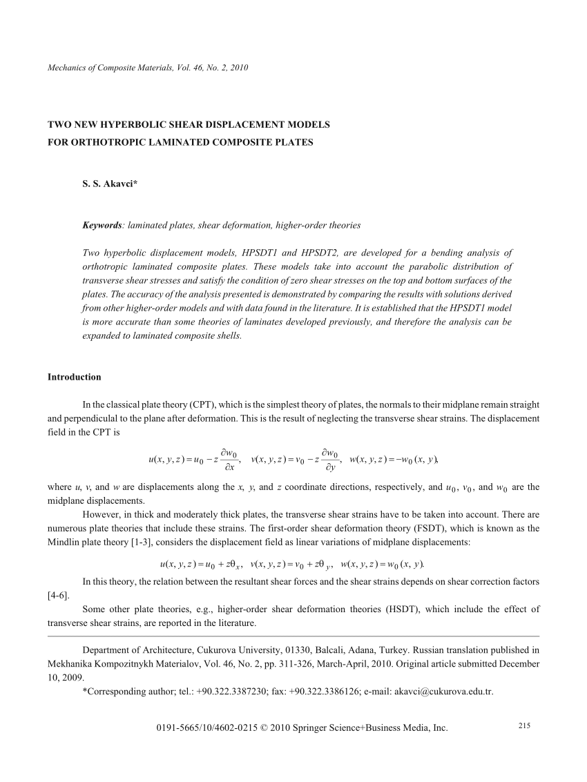 Pdf Two New Hyperbolic Shear Displacement Models For Orthotropic Laminated Composite Plates