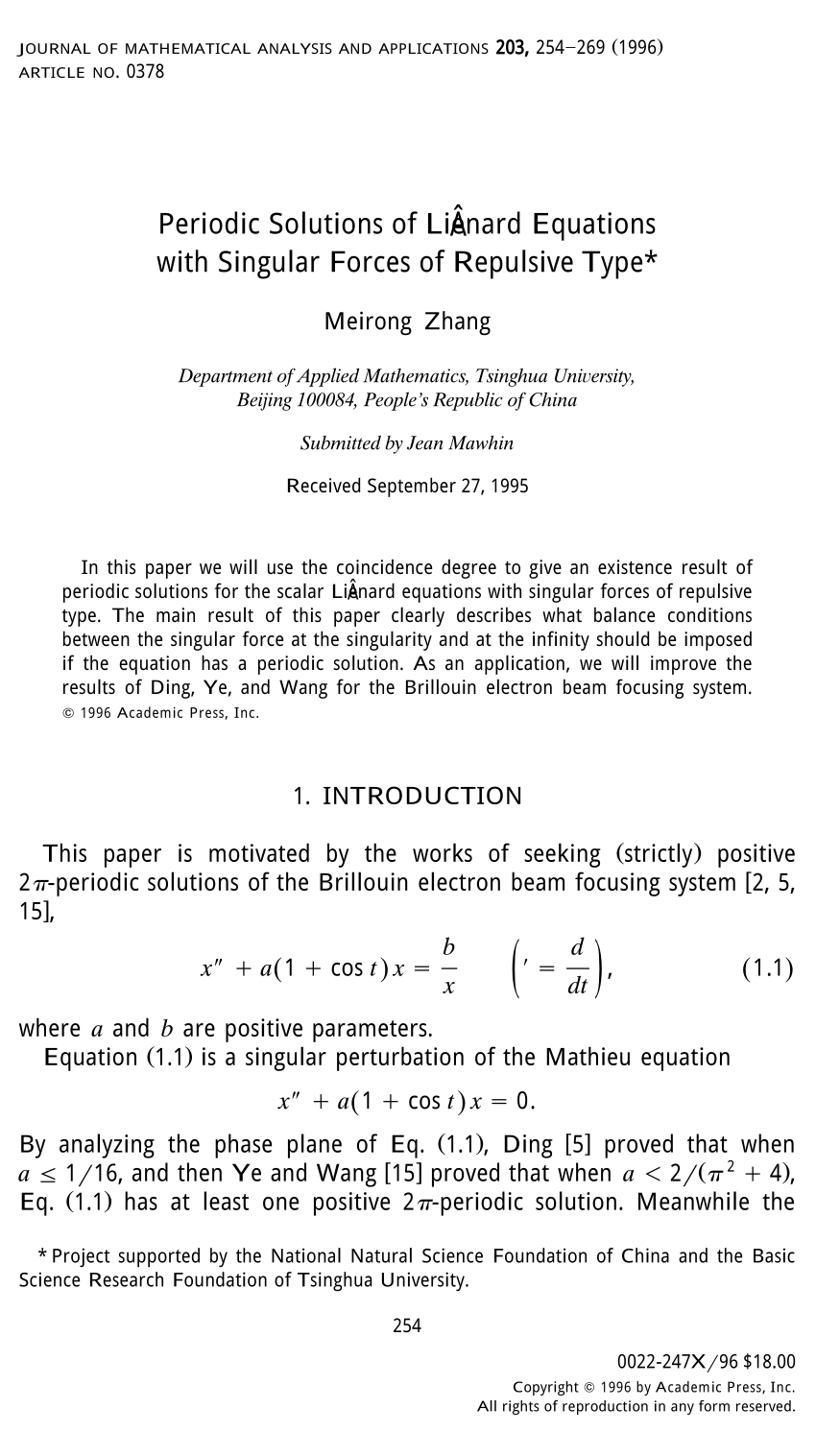 Pdf Periodic Solutions Of Lienard Equations With Singular Forces Of Repulsive Type