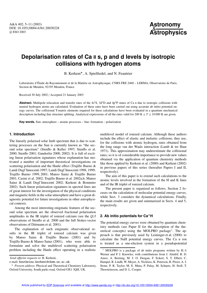 Pdf Depolarisation Rates Of Ca Ii S P And D Levels By Isotropic Collisions With Hydrogen Atoms