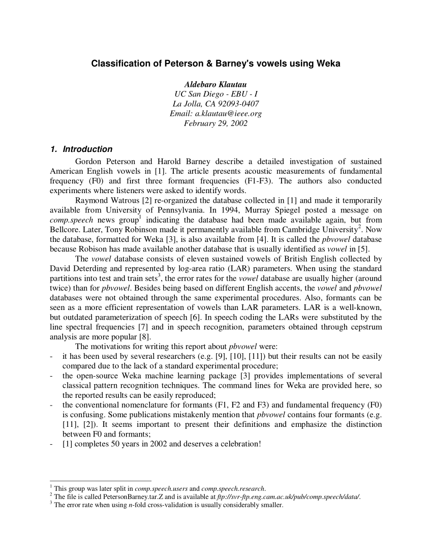 Pdf Classification Of Peterson Barney S Vowels Using Weka