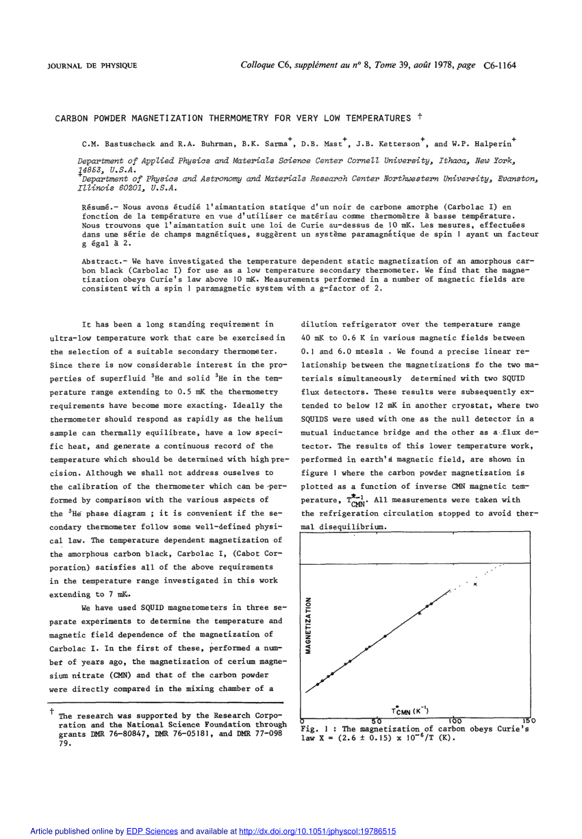 Pdf Carbon Powder Magnetization Thermometry For Very Low Temperatures