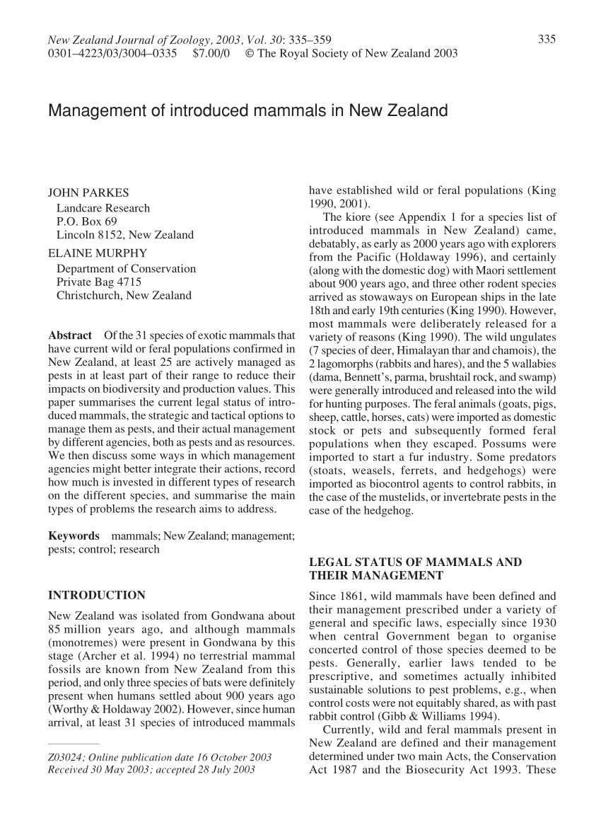 (PDF) Management of introduced mammals in New Zealand