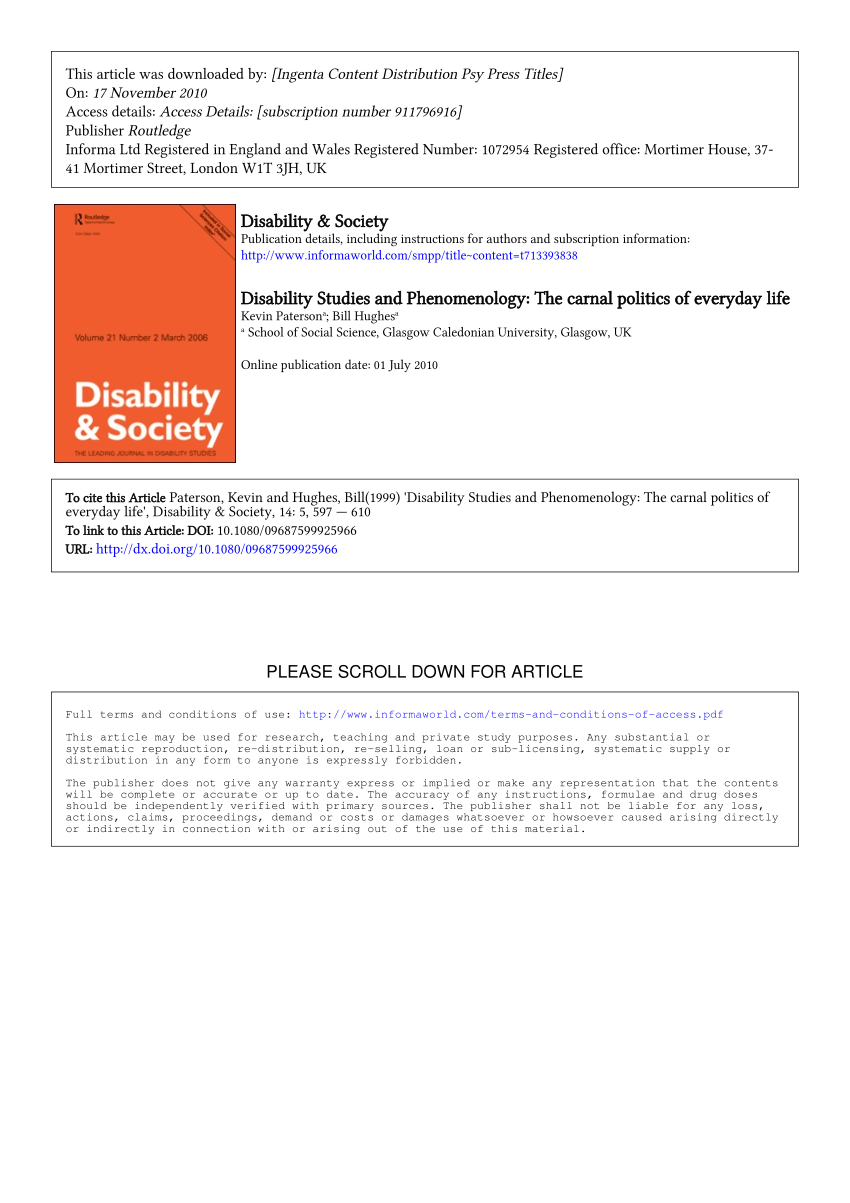 Pdf Disability Studies And Phenomenology The Carnal Politics Of Everyday Life