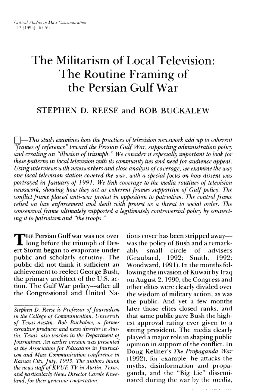 Pdf The Militarism Of Local Television The Routine Framing Of The Persian Gulf War