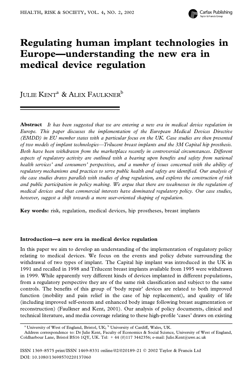 Advent talent hud PDF) Regulating human implant technologies in Europe - Understanding the  new era in medical device regulation