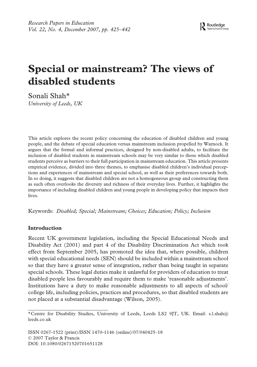 Pdf Special Or Mainstream The Views Of Disabled Students