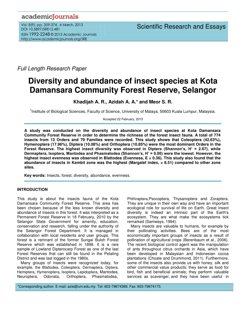 PDF) Diversity and abundance of insect species at Kota Damansara Community  Forest Reserve, Selangor