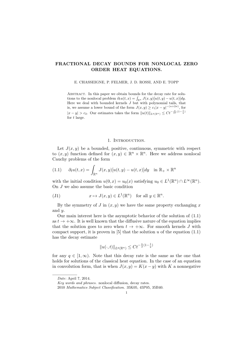 Pdf Fractional Decay Bounds For Nonlocal Zero Order Heat Equations