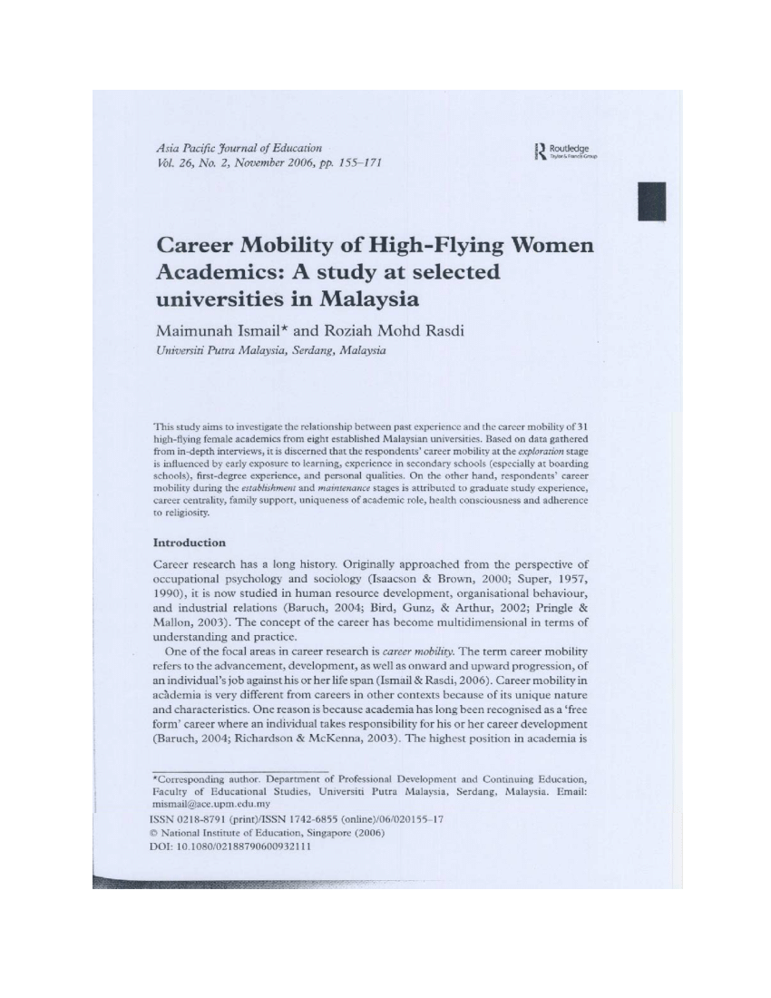 Pdf Career Mobility Of High Flying Women Academics A Study At Selected Universities In Malaysia
