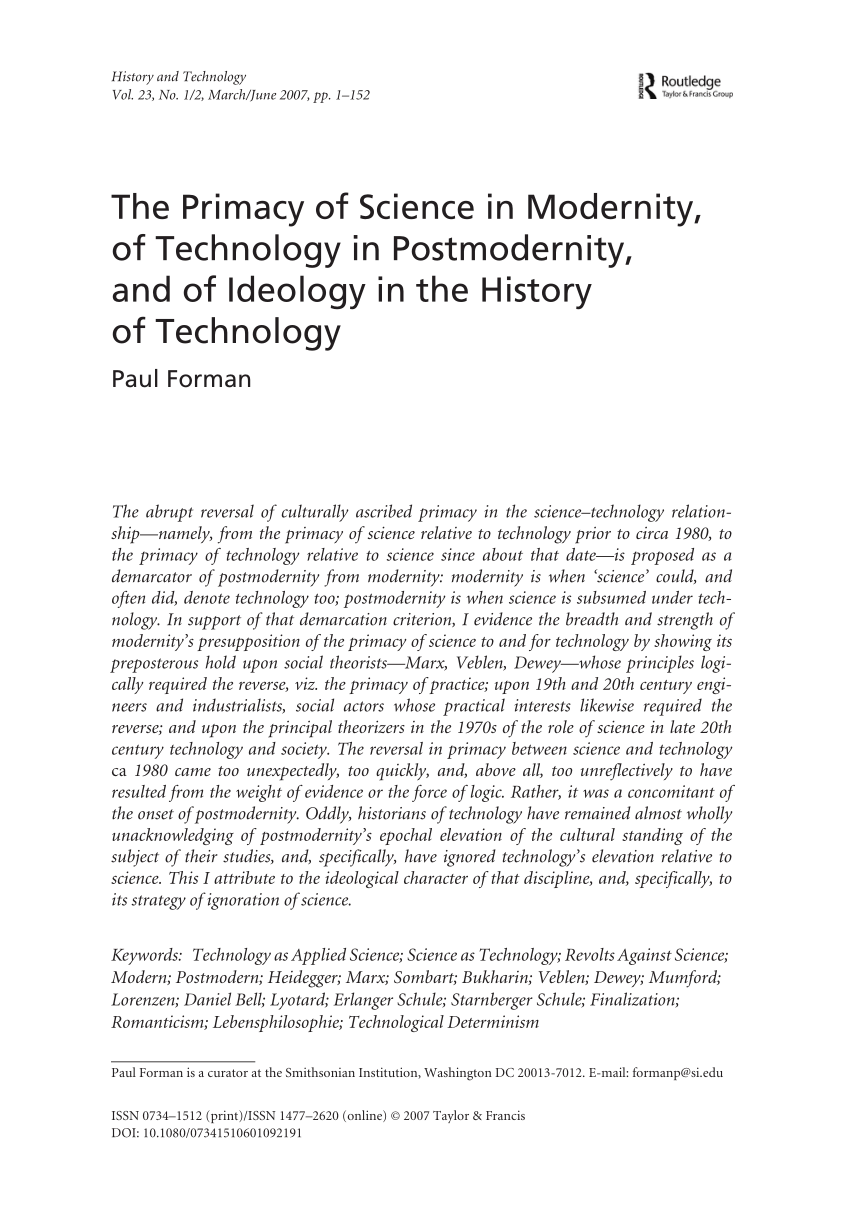 Pdf The Primacy Of Science In Modernity Of Technology In Postmodernity And Of Ideology In The History Of Technology