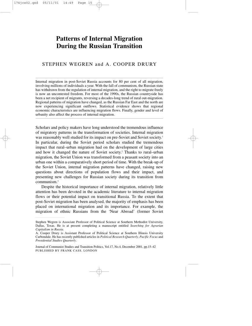 PDF Patterns of Internal Migration During the Russian Transition