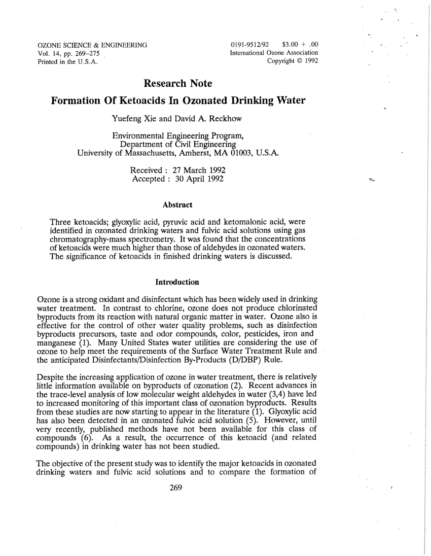 Pdf Formation Of Ketoacids In Ozonated Drinking Water