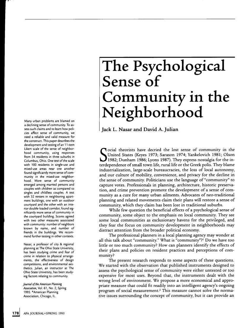 Pdf The Psychological Sense Of Community In The Neighborhood