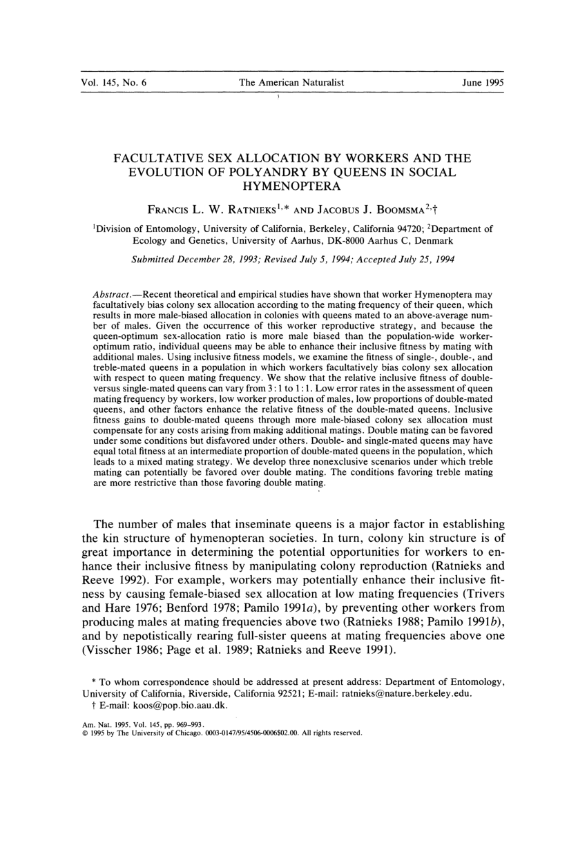 Pdf Facultative Sex Allocation By Workers And The Evolution Of Polyandry By Queens In Social 