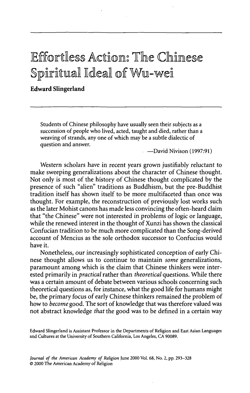 PDF) Effortless Action: The Chinese Spiritual Ideal of Wu-wei