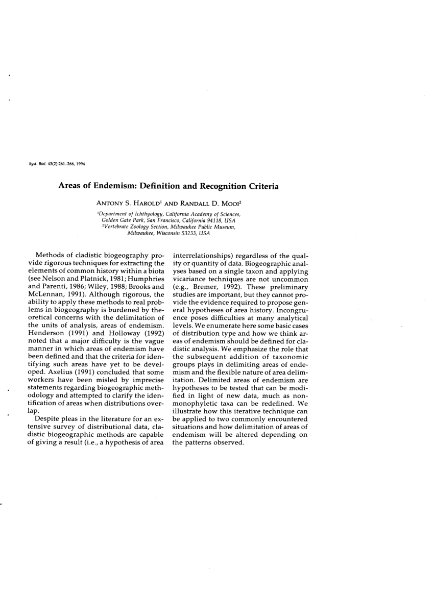 Pdf Areas Of Endemism Definition And Recognition Criteria