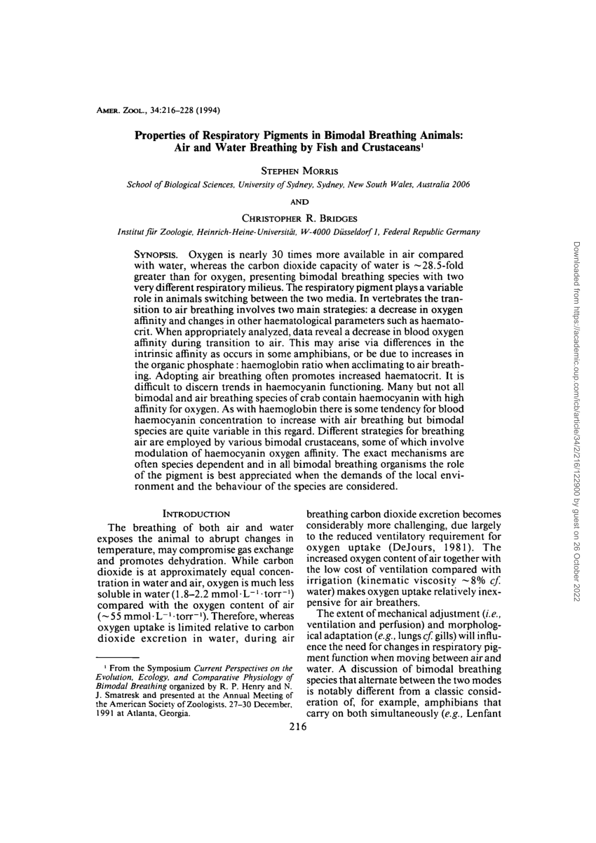 (PDF) Properties of Respiratory Pigments in Bimodal Breathing Animals