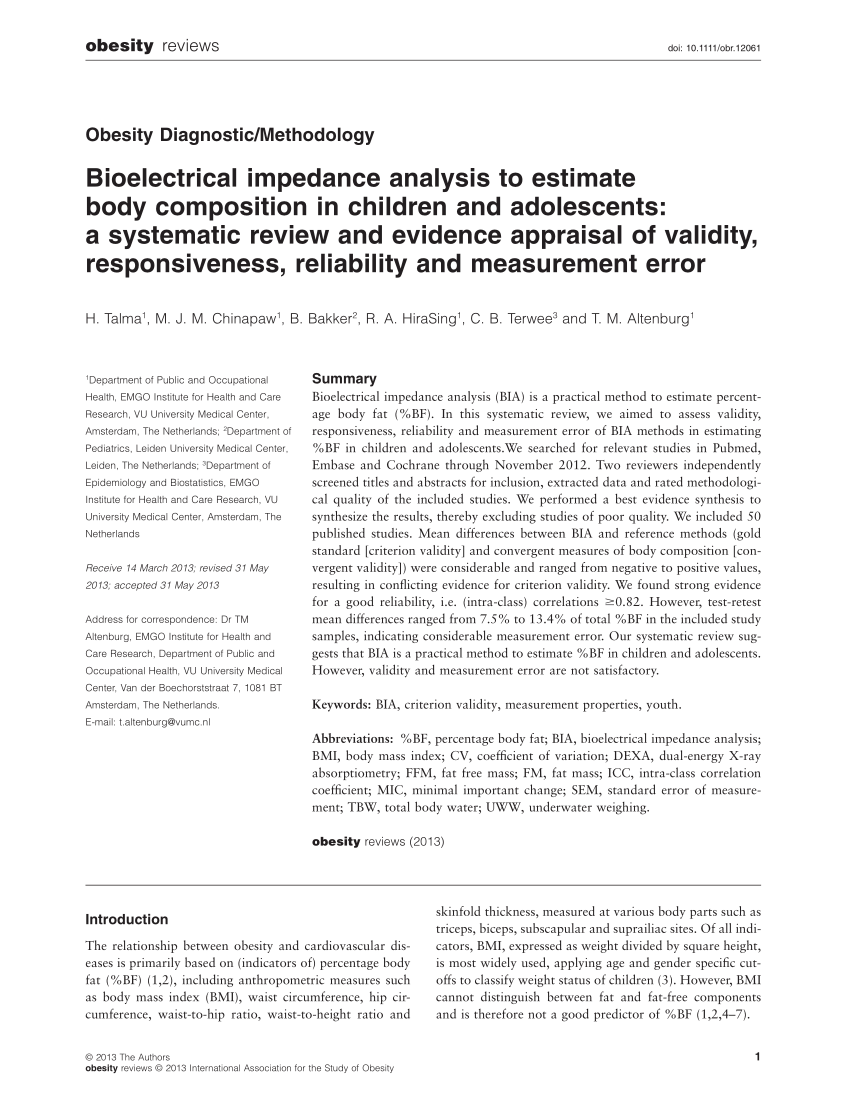 Pdf Bioelectrical Impedance Analysis To Estimate Body Composition