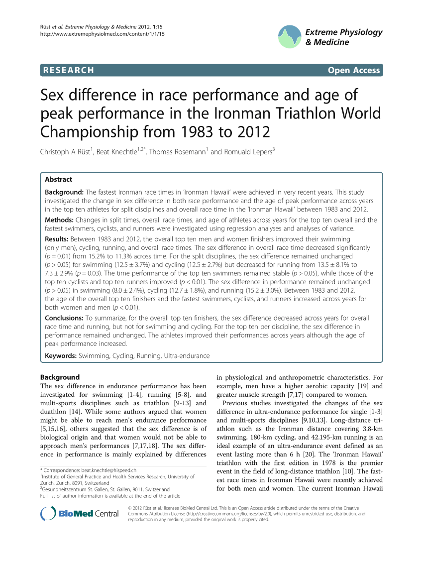 PDF) Sex difference in race performance and age of peak performance in the Ironman Triathlon World Championship from 1983 to 2012