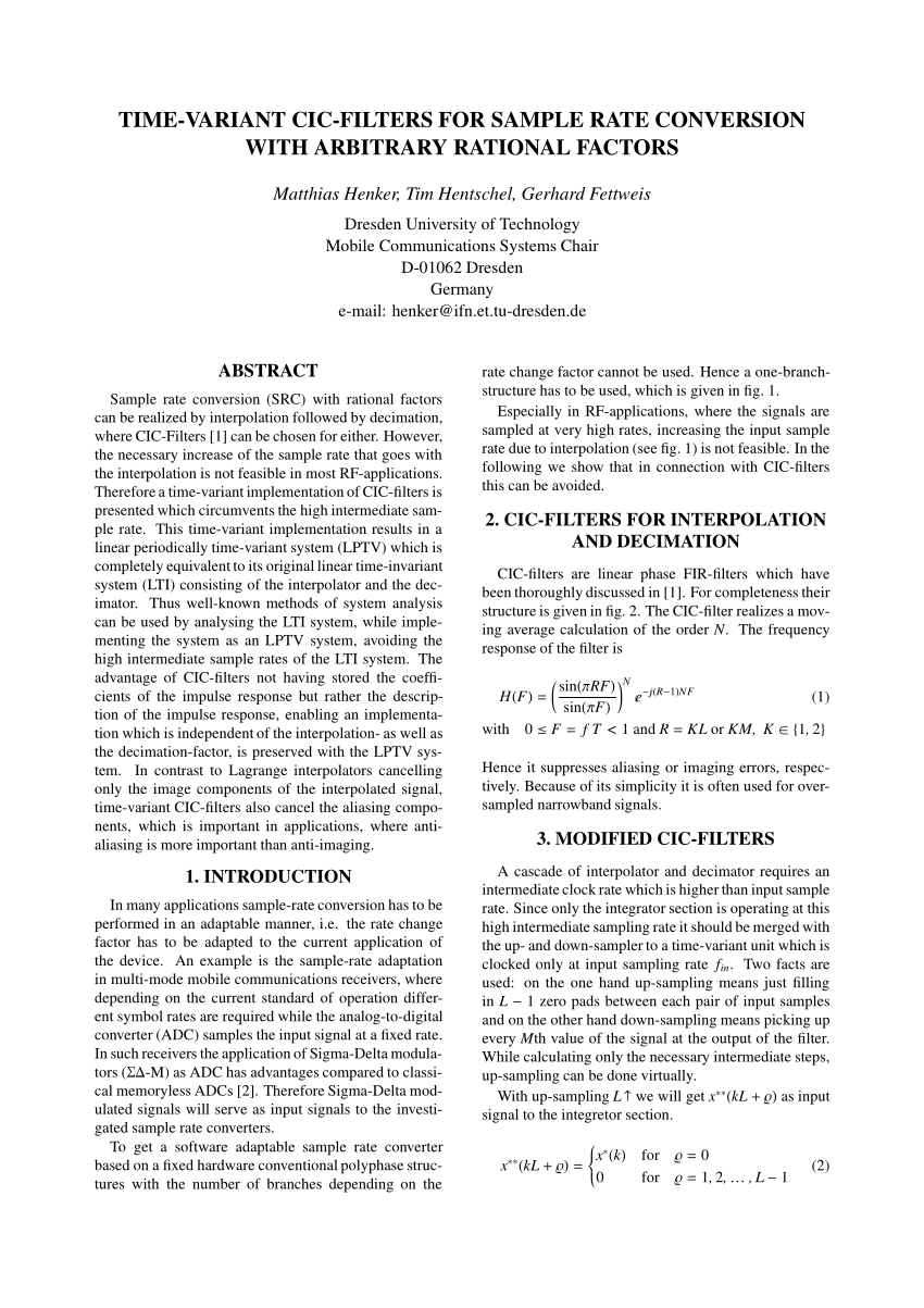 Pdf Time Variant Cic Filters For Sample Rate Conversion With Arbitrary Rational Factors