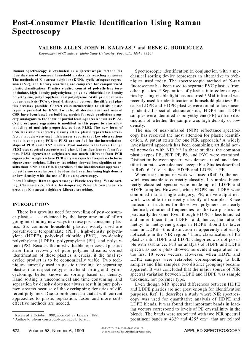 Pdf Post Consumer Plastic Identification Using Raman Spectroscopy