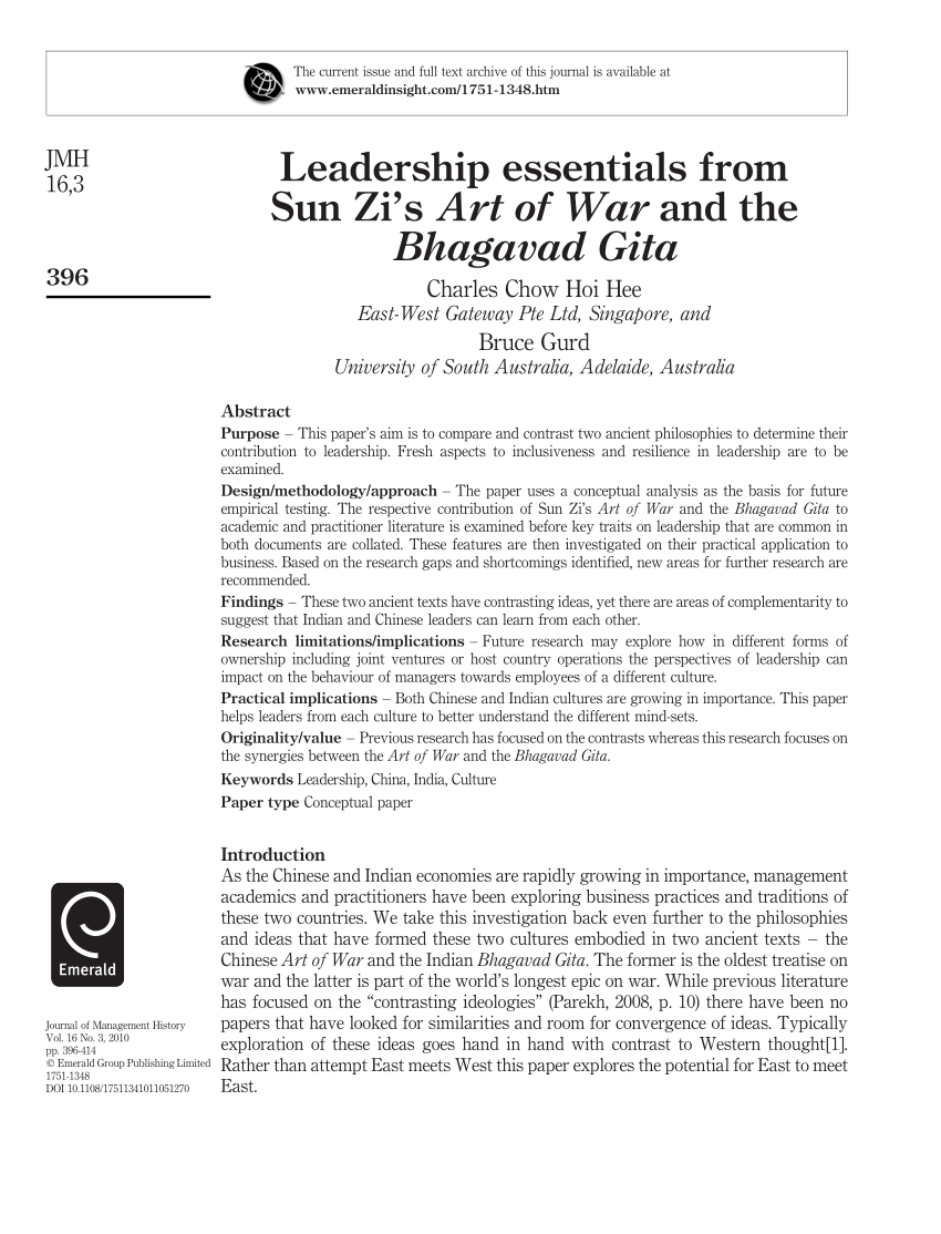 Pdf Leadership Essentials From Sun Zi S Art Of War And The Bhagavad Gita