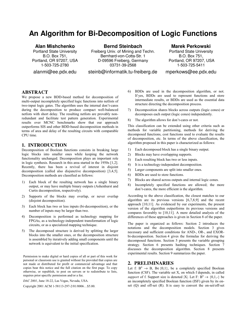 Pdf An Algorithm For Bi Decomposition Of Logic Functions