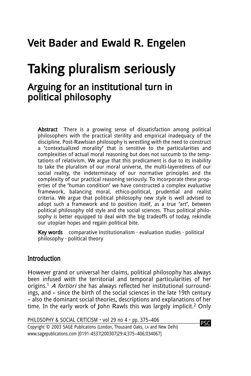Pdf Taking Pluralism Seriously Arguing For An Institutional Turn