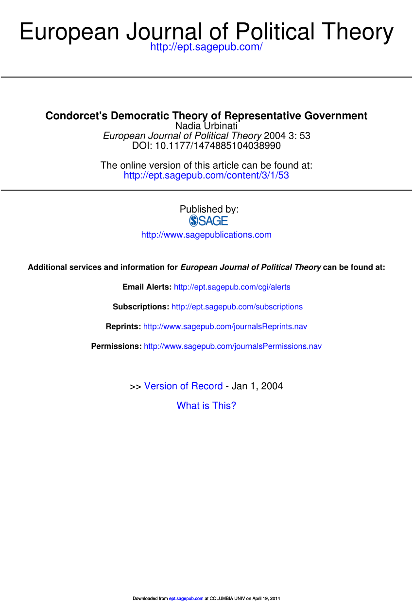 Pdf Condorcet S Democratic Theory Of Representative Government