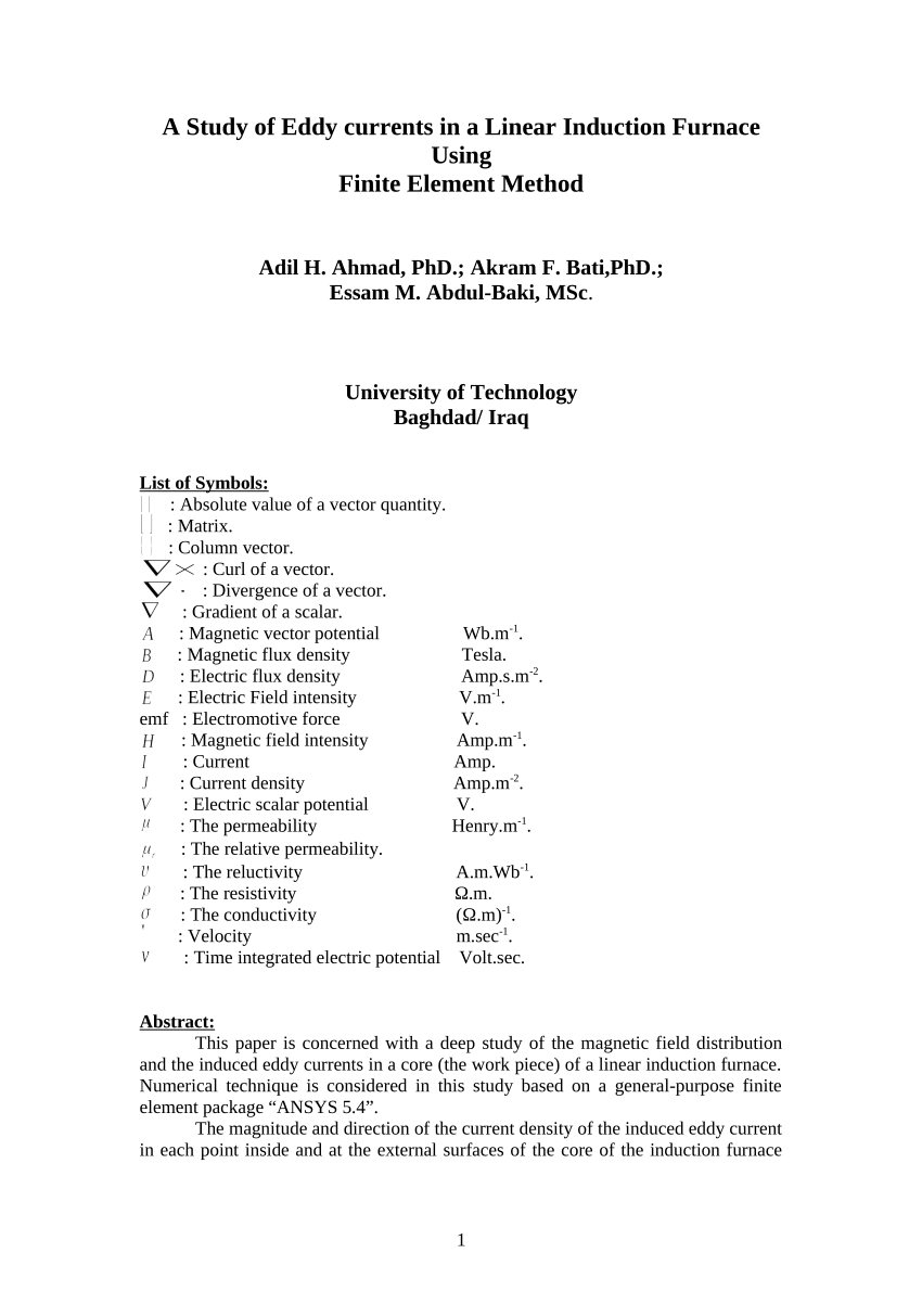 Pdf A Study Of Eddy Current In A Linear Induction Furnace Using Finite Element Method