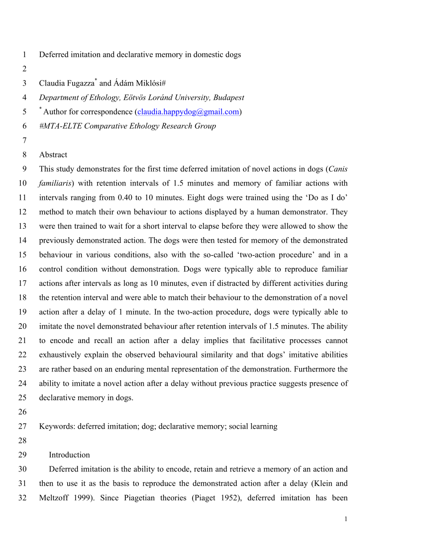 PDF Deferred imitation and declarative memory in domestic dogs