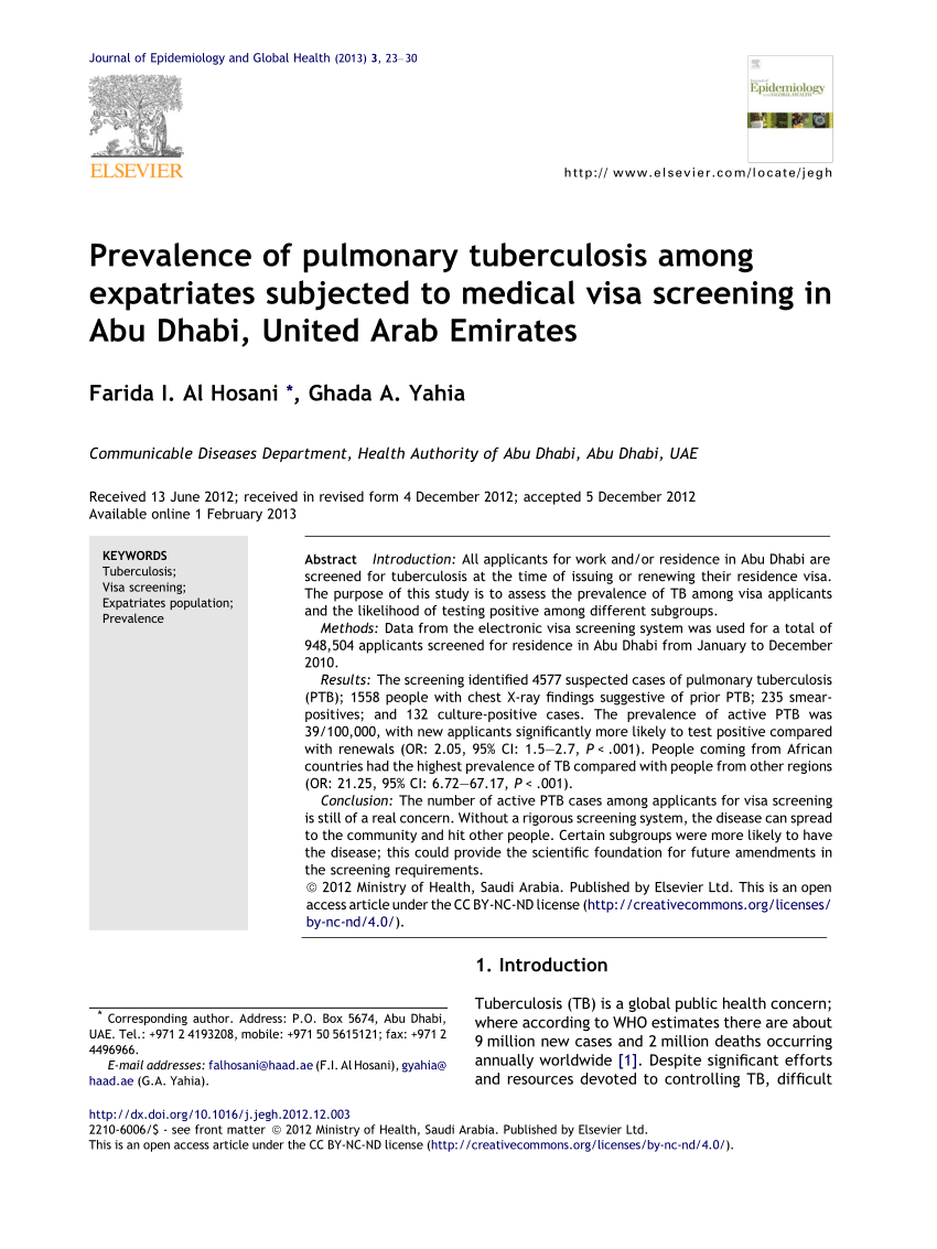 Pdf Prevalence Of Pulmonary Tuberculosis Among Expatriates Subjected To Medical Visa Screening In Abu Dhabi United Arab Emirates