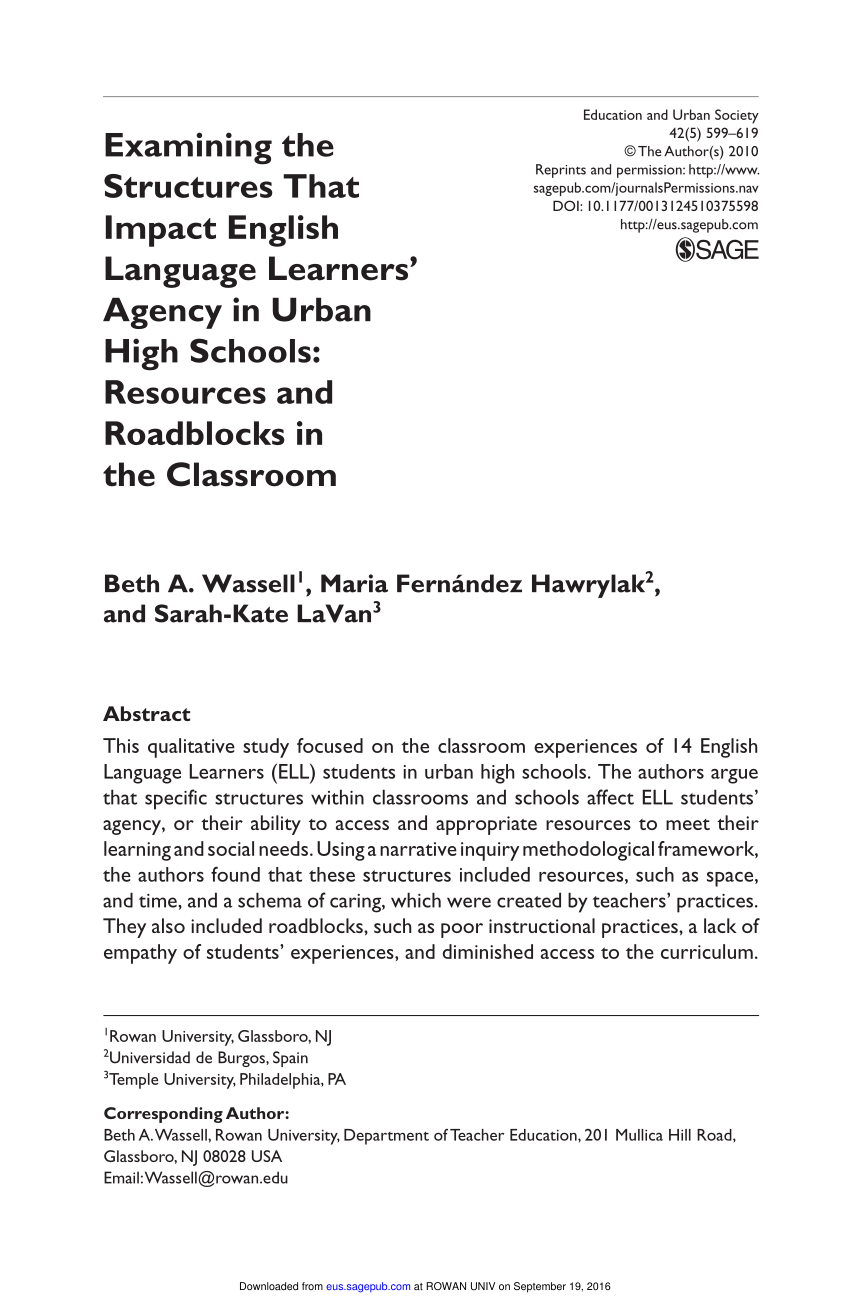 Pdf Examining The Structures That Impact English Language Learners Agency In Urban High Schools Resources And Roadblocks In The Classroom