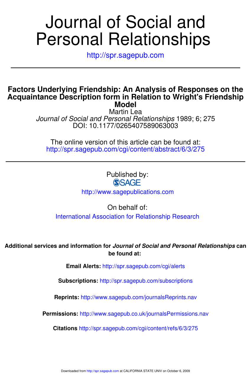 Pdf Factors Underlying Friendship An Analysis Of Responses On The Acquaintance Description Form In Relation To Wright S Friendship Model