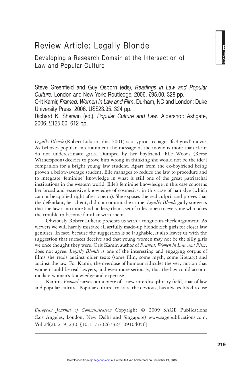 Pdf Review Article Legally Blonde Developing A Research Domain At The Intersection Of Law And Popular Culturesteve Greenfield And Guy Osborn Eds Readings In Law And Popular Culture London And New York