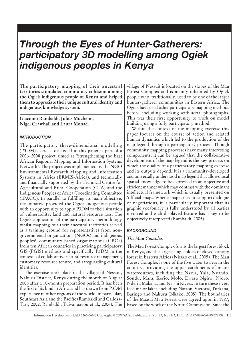 Pdf Through The Eyes Of Hunter Gatherers Participatory 3d Modelling Among Ogiek Indigenous Peoples In Kenya