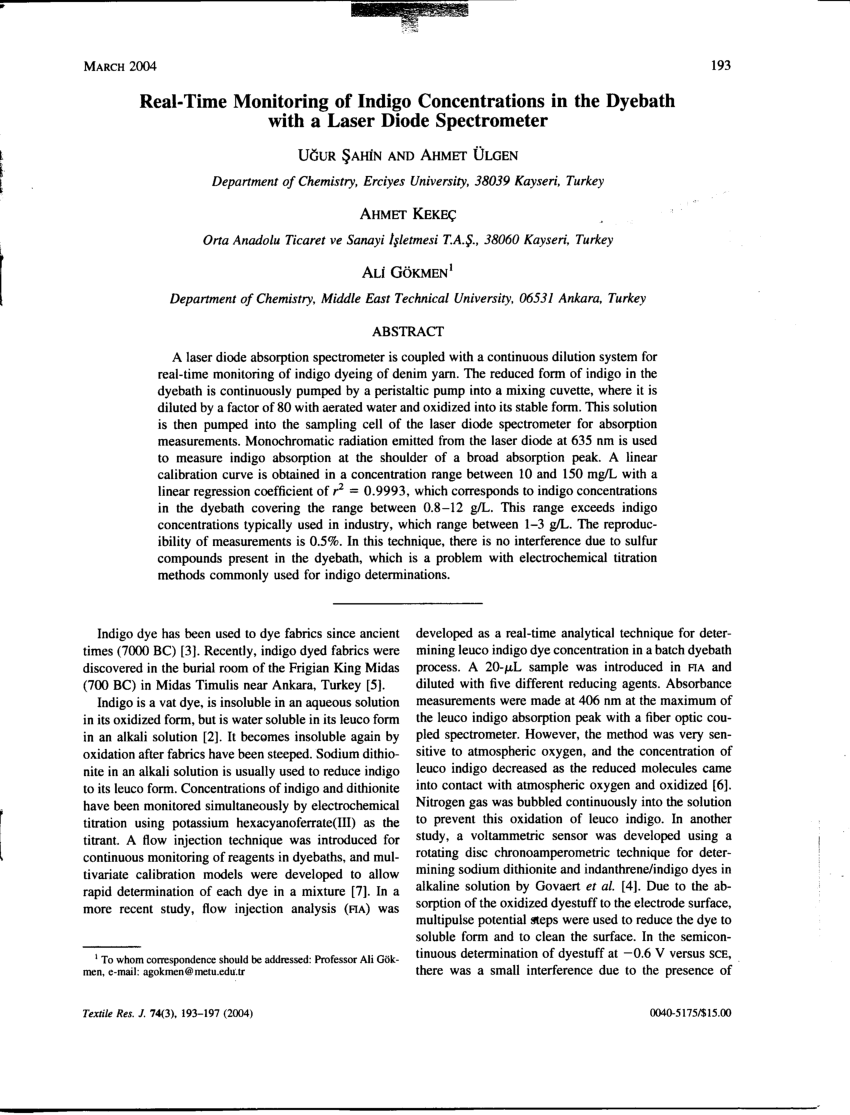 pdf real time monitoring of indigo concentrations in the dyebath with a laser diode spectrometer