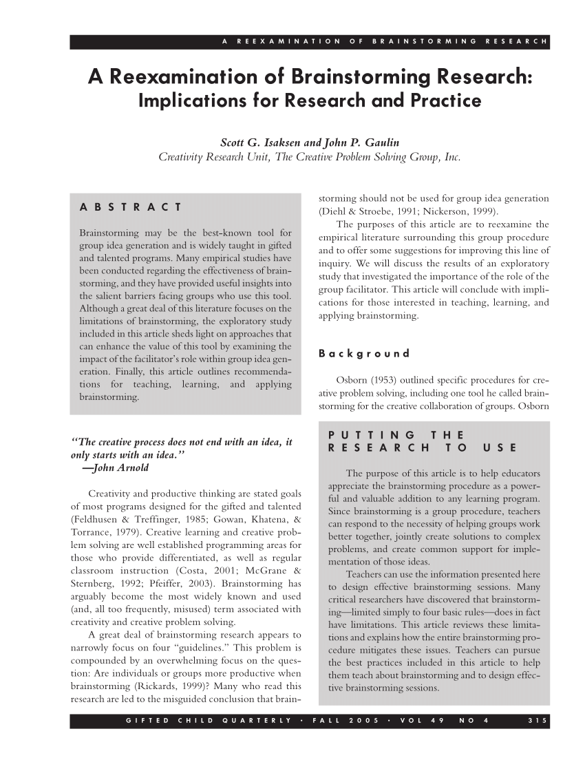 Pdf A Reexamination Of Brainstorming Research Implications For Research And Practice